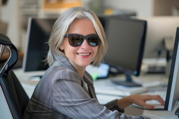 Blind secretary in suit working in the office with her computer