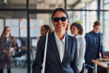 A blind Latin American businesswoman leading an important meeting of her company