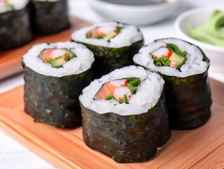 Close-up of fresh sushi rolls with crab stick, avocado, and cucumber on a wooden tray. Perfect for a Japanese cuisine concept.