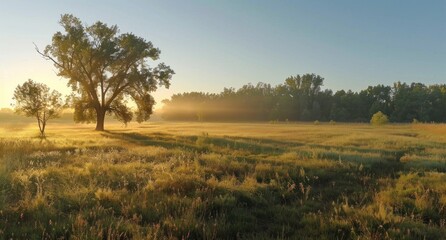 Sunrise over a Meadow with a Lone Tree