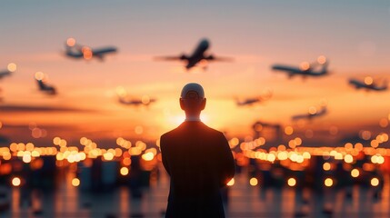 Fototapeta premium Silhouette of a man watching airplanes taking off at sunset.