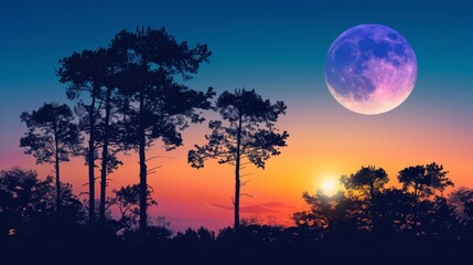 Fototapeta premium A serene landscape featuring the silhouette of trees against a dusk sky with the setting sun and a rising moon in the backdrop