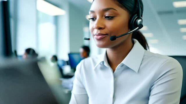 This scene captures a dedicated call center professional efficiently assisting customers with expertise. The image showcases the agent's focus and commitment to providing excellent customer service