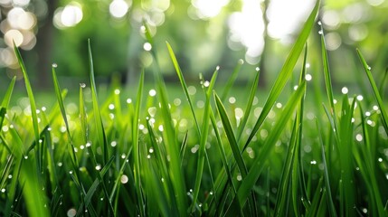 Fototapeta premium A close-up of vibrant spring green grass with morning dew, against a soft bokeh background of light filtering through distant trees. The focus is sharp on the grass blades.