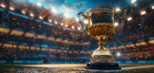 Golden trophy on a stadium background, symbolizing victory and achievement in sports under bright lights and cheering crowd. Celebrating champions with rewards for their outstanding success