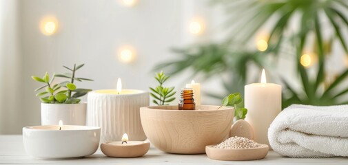 Spa essentials with candles, essential oils, and plants. Relaxing atmosphere for wellness, rejuvenation, and self-care in a tranquil setting. balance through therapy can significantly uplift mood