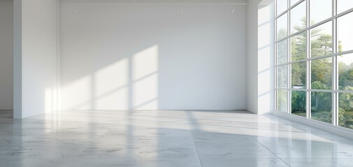 Fototapeta premium Sunlight streaming through large windows in a spacious, empty room with white walls and polished concrete floors, showcasing minimalist design. geometric structure, apartment redefines modern living.