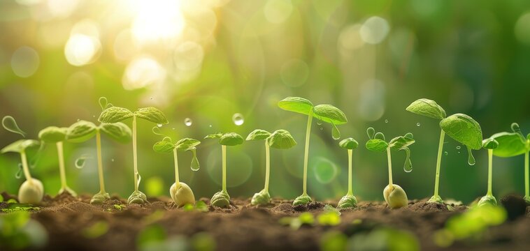 Sequence of young seedlings sprouting in rich soil under sunlight, highlighting growth, nature, and sustainability concepts.