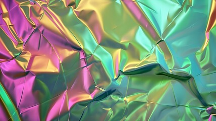 Shimmering colorful foil texture background, marked by metallic luster and reflective surfaces. Wrinkled colorful foil sheet background created by generative AI.