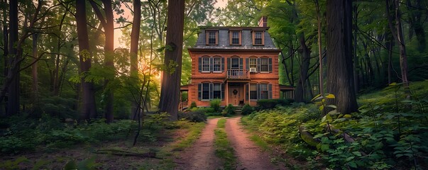 Elegant suburban colonial house with a brick red facade, forest trail, twilight,