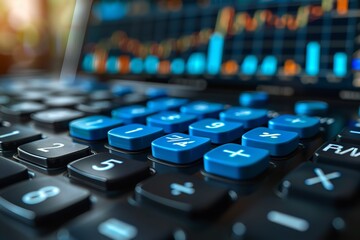 3D Blue Bar Graph on Calculator with Financial Charts in the Background. Concept of Business and Finance