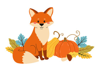 Autumn composition on a white background. Design for autumn, sticker for decoration. Vector illustration with fox, pumpkins, autumn leaves, mushrooms.