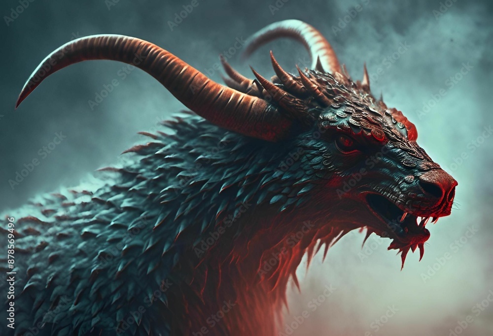 Wall mural ai generated illustration of a mythical beast with horns and scales against a misty background