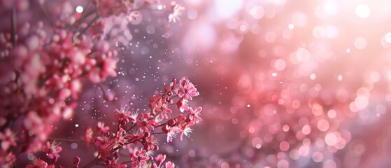 abstract and dreamy banner background of of spring blossoms tree with pink flowers. selective focus. glitter overlay, with copy