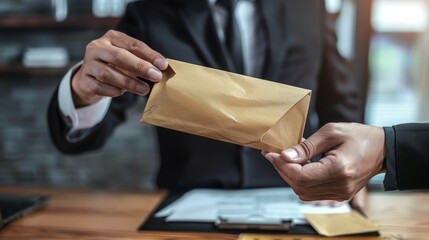 Businessman exchanging an envelope in an office