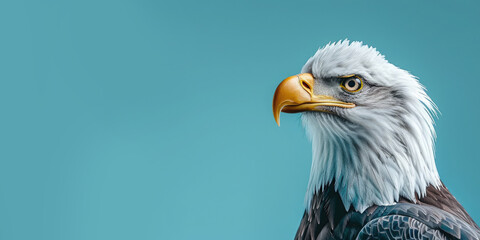 Obraz premium North American Bald Eagle on a blue background. Banner. Copy space