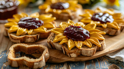 Yellow sunflower shaped bread with red jam, rustic wooden background, perfect for autumn harvest and Thanksgiving. 
