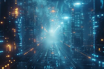 Obraz premium Horizontal Image Featuring an Abstract Futuristic Cyberspace with Blue Transparent Background, Created Using Generative Art