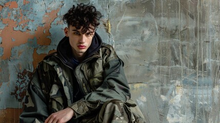 Fototapeta premium Man in camo leans against wall, eyes down