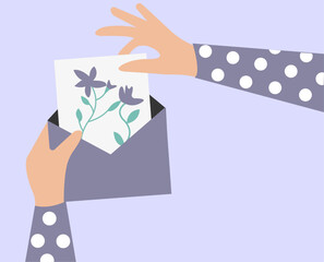 Obraz premium Floral drawing, hand holding letter illustration