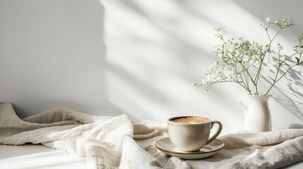 Scandinavian, nordic style home interior decoration. Cup of coffee and vase