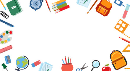 School supplies flat vector border. Back to school concept. Back to school background or frame with school supplies. Ruler, notebook, watercolor , crayons,backpack,pen, globe,book,pencil,brush,rubber.