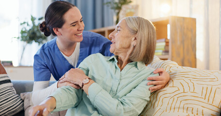 Nurse, mature woman and hug with support, empathy and healthcare for retirement. Patient, caregiver...
