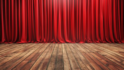 Stage with red curtains and wooden floor