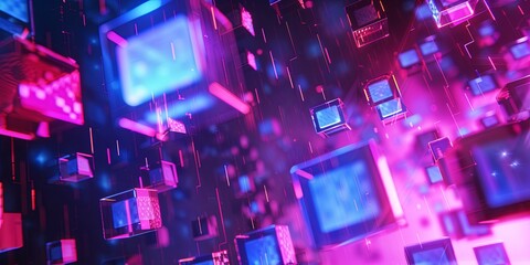 Obraz premium Abstract geometric shapes in pink and blue neon.