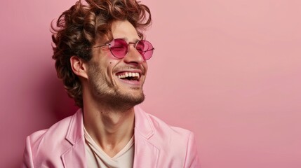 Fototapeta premium A man in a pink blazer smiles broadly against a pink background