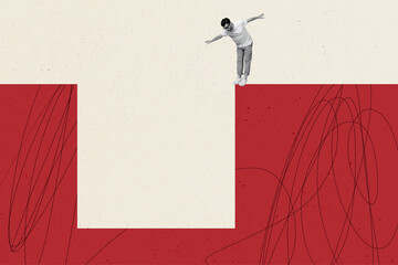Composite trend artwork sketch image photo collage of caricature young guy stand balance edge cliff...