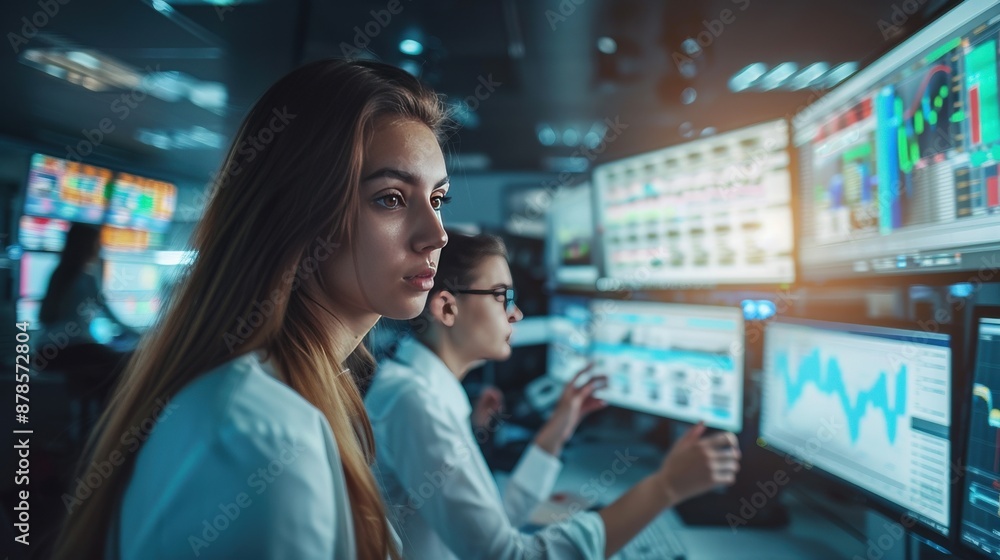 Canvas Prints Two women are working on computers in a room with multiple monitors