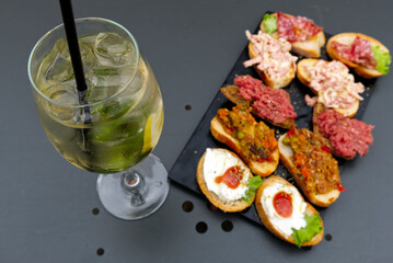Alcoholic cocktails set, strong drinks and aperitifs, bar tools, bottles