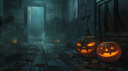 Spooky Halloween Hallway with Jack-o'-Lanterns