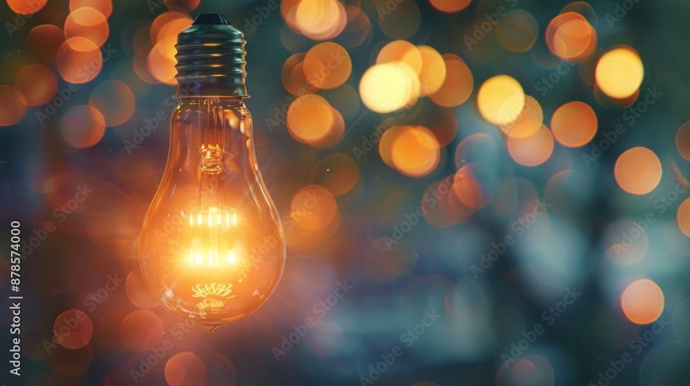 Poster glowing lightbulb with bokeh background