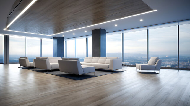 Modern white furniture, wooden floor, and city view, showcasing contemporary office design with a sense of calm and professionalism. 
