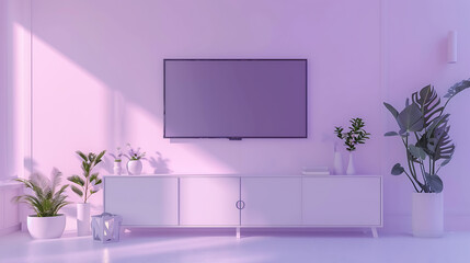 Minimalist living room interior design with white furniture and green plants in a soft purple light. 
