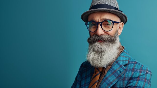 Older man with white beard, glasses, hat against teal background.smiles