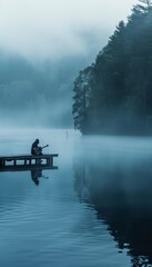Serene Morning Lakeside with Guitar Player on Wooden Dock Amid Rising Mist for Peaceful Atmosphere