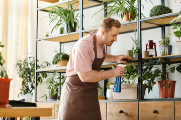 A man in an apron lovingly tends to his plants, creating a lush oasis in his own plant shop.