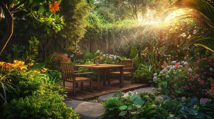 A cozy backyard garden terrace featuring a rustic wooden table and chair set surrounded by lush greenery and vibrant flowers. The scene is bathed in the warm glow of a setting sun.