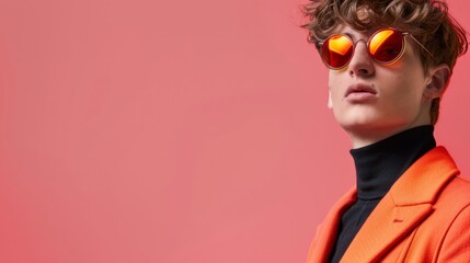 A stylish man in a bright orange coat and turtleneck poses against a pink background