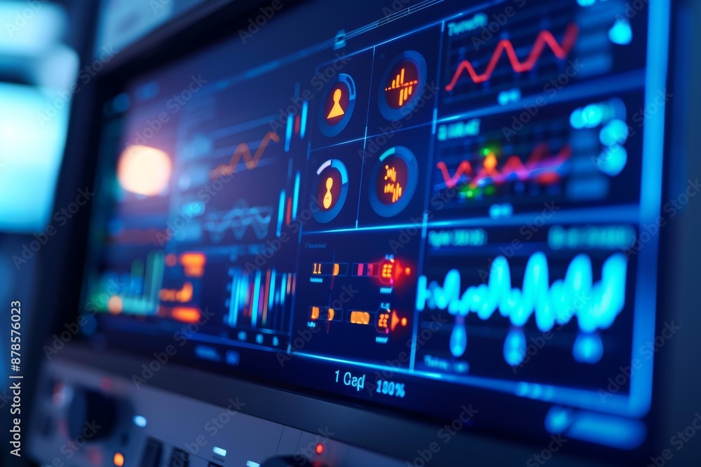 Poster digital screen with blood test hormone levels display and data visualization for medical analysis
