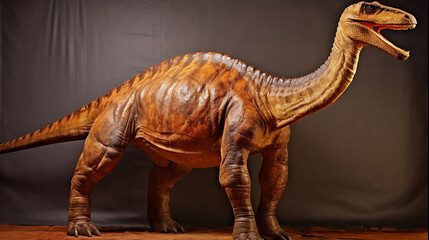 A realistic brown dinosaur with a long neck, standing against a dark background, evokes a sense of wonder and prehistoric adventure. 
