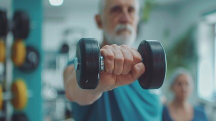 Senior man lifting a dumbbell for Physical Therapy in clinic with physiotherapist.