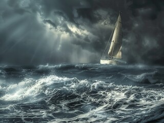 a lone sailboat navigating through rough seas, representing the journey of life, the strength to stay the course, and the hope of reaching calm waters