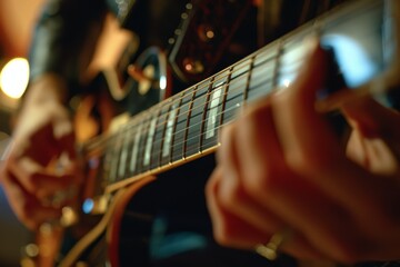 Fototapeta premium Close-Up of Guitarist's Hands Playing Complex Solo on Electric Guitar - Perfect for Music Posters