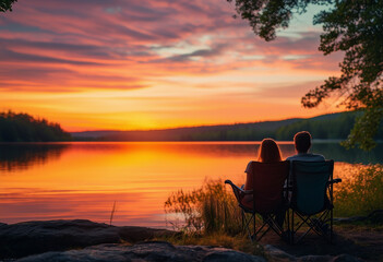 Obraz premium lovely couple sitting on camping chair and watching lake, dramatic sunset colors painting the sky 