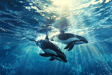 Fototapeta premium Two black and white dolphins swimming in blue water with sunlight rays, evoking a sense of freedom and wonder. 