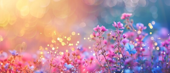 Beautiful multicolored spring meadow background with wild flowers and bokeh lights